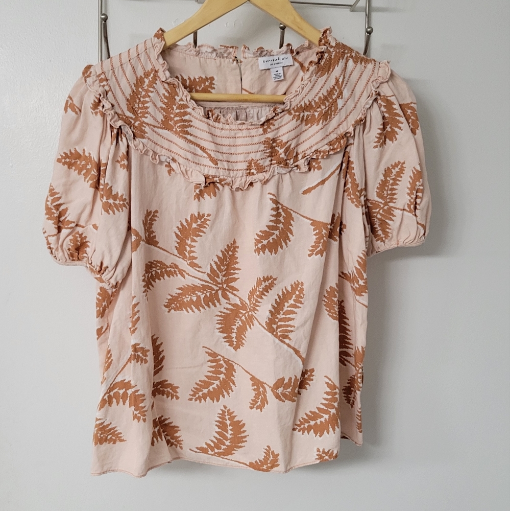 Current Air Peach & Gold Fern Print Blouse Size Medium Boxy Cut Linen Blend